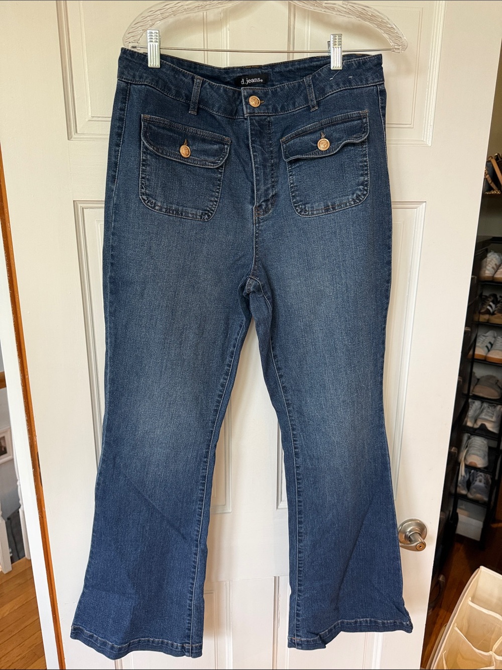 d. jeans Blue Wide Leg Flare Jeans with Button Flap Pockets